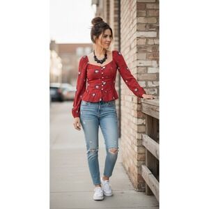 Hollister Retro Y2K Red Smocked Front Floral Buttoned Crop Top Womens Size Small